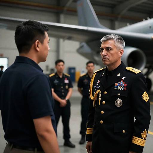 Serious Military Officer in Hangar Scene