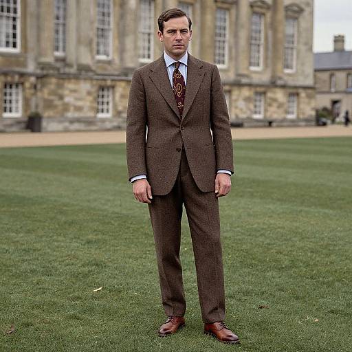 Photograph of a serious, fair-skinned man with short brown hair, wearing a brown checkered suit, white shirt, and patterned tie,