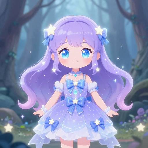 Cute anime-style girl with long purple hair, blue eyes, and a star-patterned blue dress, standing in a magical forest. Digital art.