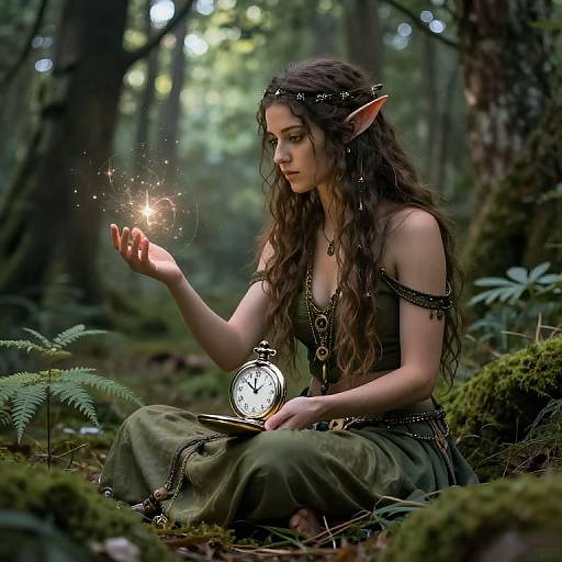 Photograph-like CGI of a pointy-eared, long-haired elf woman in green forest, sitting, holding glowing firefly, wearing off-should