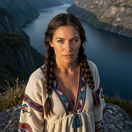Photograph of a young woman with braided dark hair, wearing a cream embroidered top, standing on a rocky cliff overlooking a blue river and mountainous