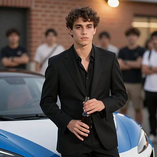 Intense Young Man in Front of Sports Car