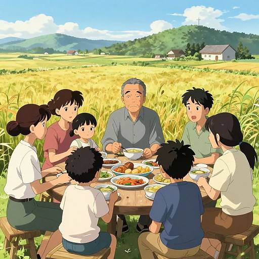 Digital anime-style illustration of a family of seven sitting around a wooden table in a golden wheat field, enjoying a meal together under a blue sky.