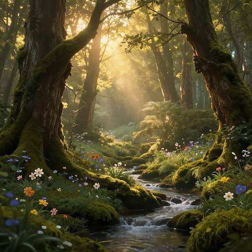 Mystical Forest Stream at Dawn