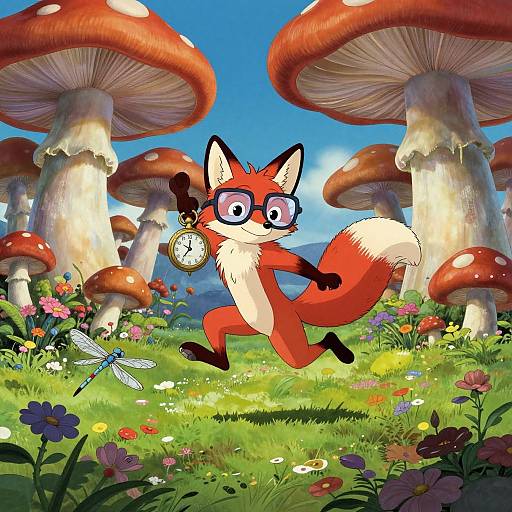 Colorful digital illustration of a red fox with glasses, holding a pocket watch, leaping through a vibrant meadow with giant mushrooms and colorful flowers under