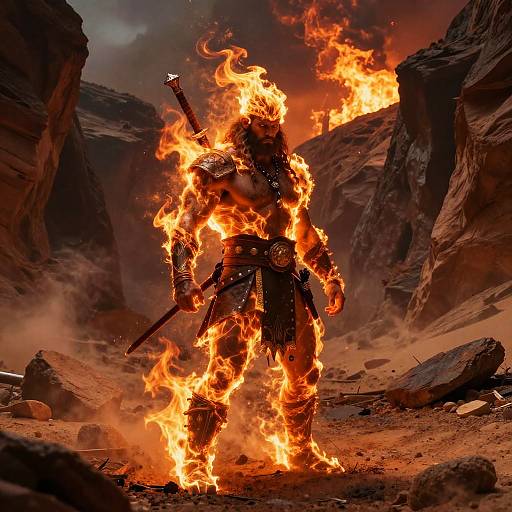 Fiery Barbarian Warrior in Desert Canyon