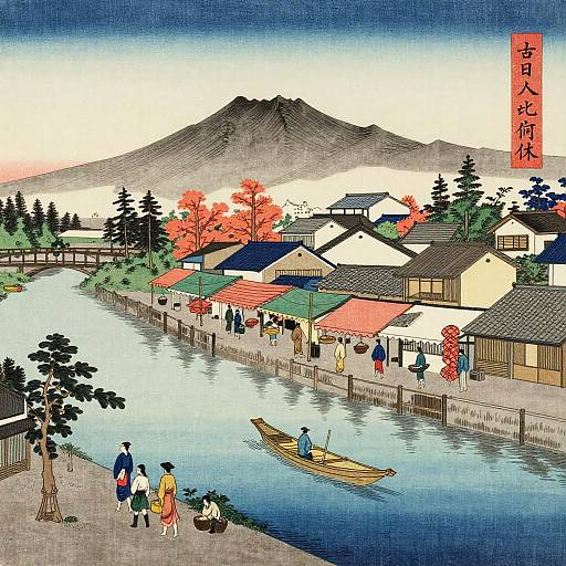 Hiroshige-Inspired Riverside Market Ukiyo-e Scene