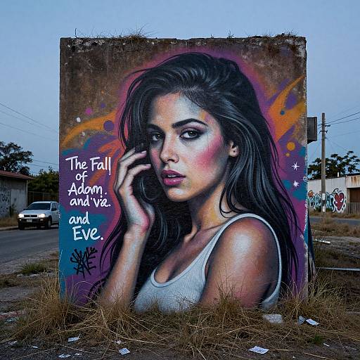 Photograph of vibrant graffiti on a weathered wall featuring a sultry, dark-haired woman in a white tank top, with text 