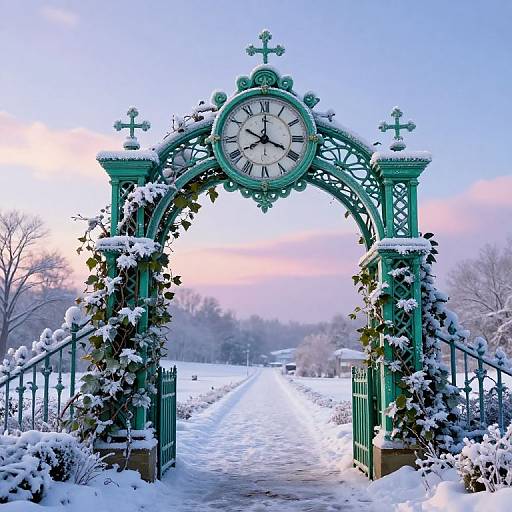 Photograph of a snow-covered, ornate green clock archway with ivy, crosses, and a large clock, standing in a snowy path.