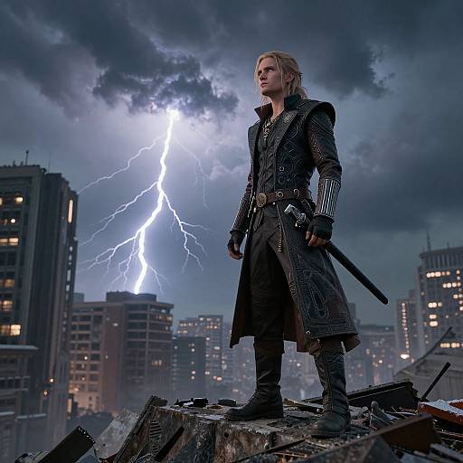 Photorealistic digital image of a blonde, armored warrior with a sword, standing on a rooftop during a lightning storm over a cityscape.