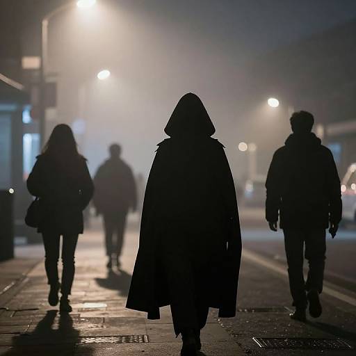 Silhouetted figure in hooded cloak walks down foggy, dimly lit street at night, flanked by shadowy pedestrians under glowing street