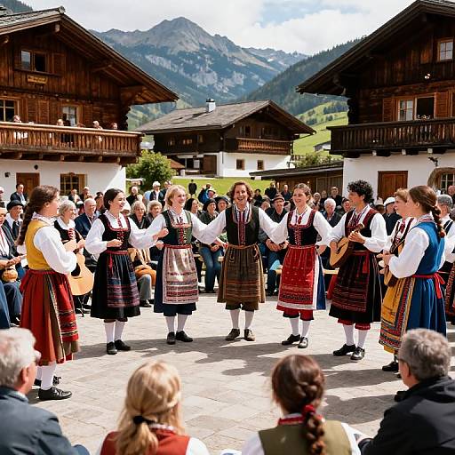 Photograph of a traditional Alpine folk dance performance in a village square with wooden houses, mountains, and a diverse group of dancers in colorful, embroidered dir