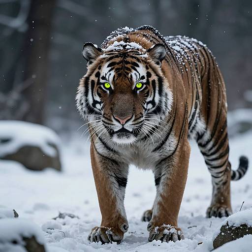 Photograph of a fierce, snow-covered Bengal tiger with bright yellow eyes, standing in a snowy forest, intense gaze focused forward.