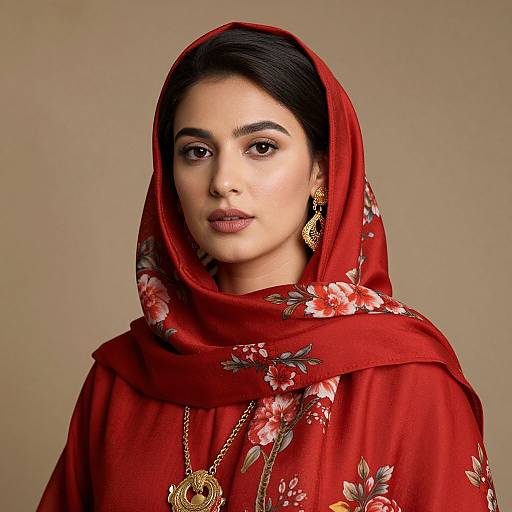 Photograph of an Indian woman with fair skin, dark hair, wearing a red floral headscarf, gold earrings, and necklace, against a beige