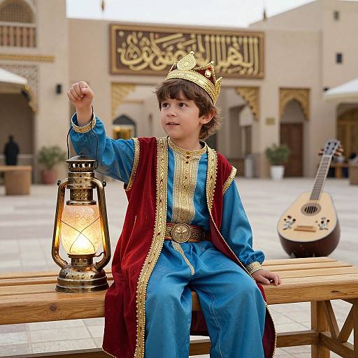 Photograph of a young boy in a blue and gold robe with a red and gold-trimmed cape, crown, and lantern, sitting outdoors in