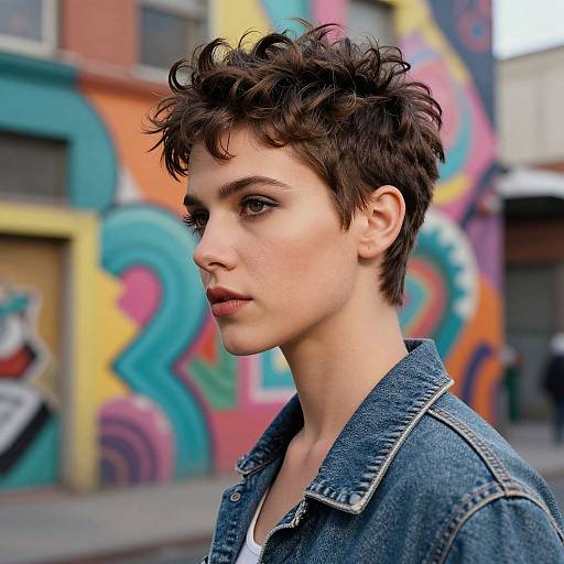 Photograph of a young person with short, curly dark hair, wearing a denim jacket, standing in front of colorful, graffiti-covered urban background.
