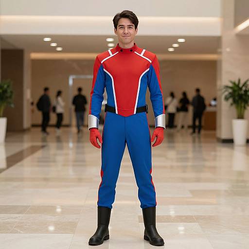 Photograph of a young man in a red, blue, and white superhero costume with silver cuffs, standing confidently in a brightly lit, modern indoor hallway