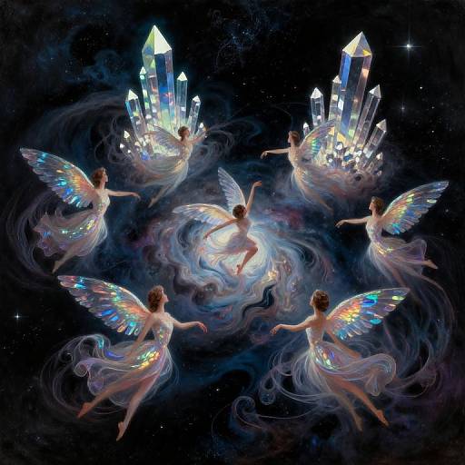 Digital fantasy artwork: Five ethereal, winged fairies with iridescent wings surround a glowing crystal formation in a cosmic, starry background.