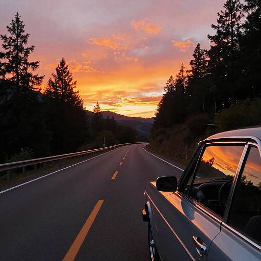 Sunset Reflection on Vintage Car by Mountain Road