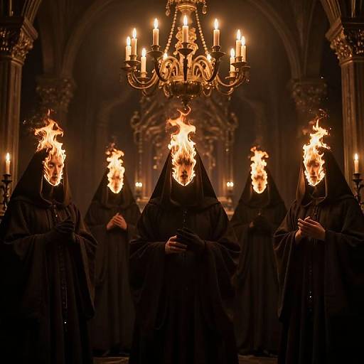 Photograph of six robed figures with flaming heads, standing in a dark, gothic cathedral illuminated by a large chandelier.