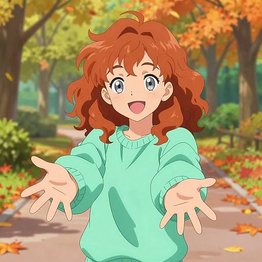Anime-style digital drawing of a red-haired girl with blue eyes, wearing a light green sweater, extending her hands forward in an autumn park with colorful leaves