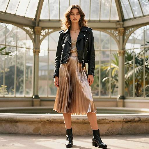 Fashionable Woman in Leather Jacket and Pleated Silk Skirt