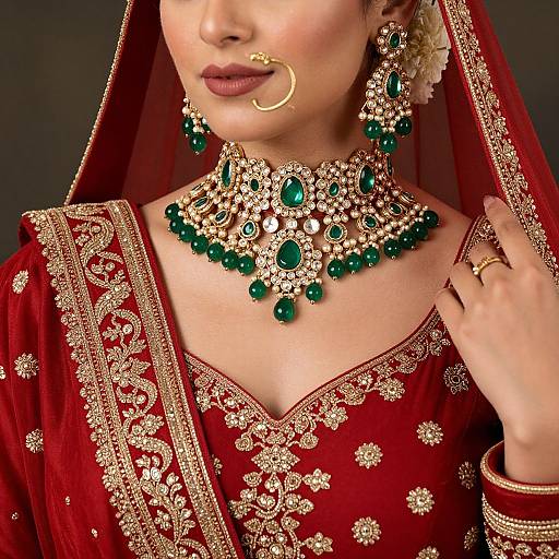 Photograph of an Indian woman in a red bridal lehenga with gold embroidery, wearing ornate green and gold jewelry, including a choker, earrings