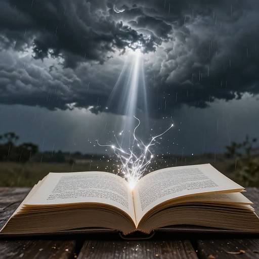 Photograph of an open book on a wooden surface, with bright lightning bolts emerging from its pages into a stormy, lightning-filled sky.