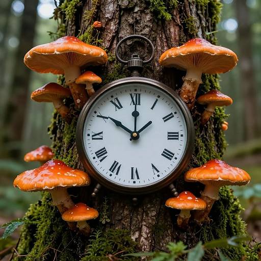Photograph of a vintage clock with black Roman numerals, surrounded by vibrant orange mushrooms, and moss-covered tree in a forest.