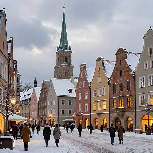Photograph of a snowy, European town square with colorful, gabled buildings, a green spired church, and people walking on the snow-covered street