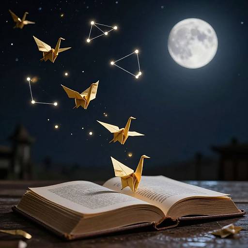 Photograph of an open book with glowing paper cranes flying towards a bright full moon, surrounded by star constellations, against a dark night sky