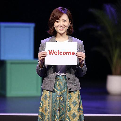 Smiling Woman Welcomes from Stage