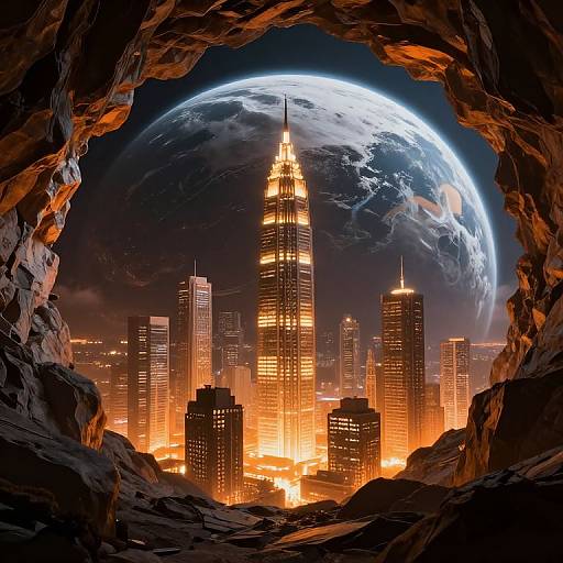 Photorealistic digital art: Earth's glowing moon frames a bright, illuminated cityscape of skyscrapers with warm orange lights, viewed from a rocky