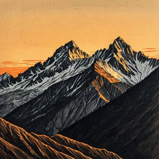 Detailed Pencil Drawing of Mountain Silhouette at Sunset