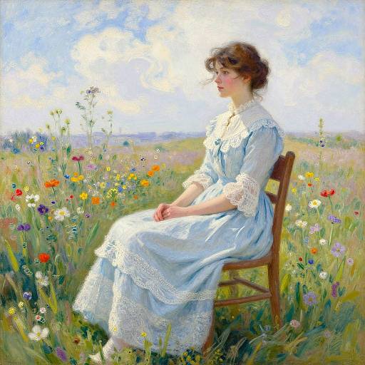 A delicate, light-blue, lace-trimmed Victorian dress-wearing woman sits on a wooden chair in a vibrant, sunlit meadow filled with