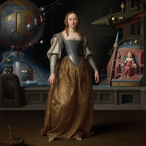 Photograph-style digital art of a medieval woman in ornate gown, silver armor, and corset, standing in a futuristic, sci-fi-themed backdrop
