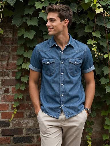 Relaxed Denim Portrait Against Vined Brick Wall