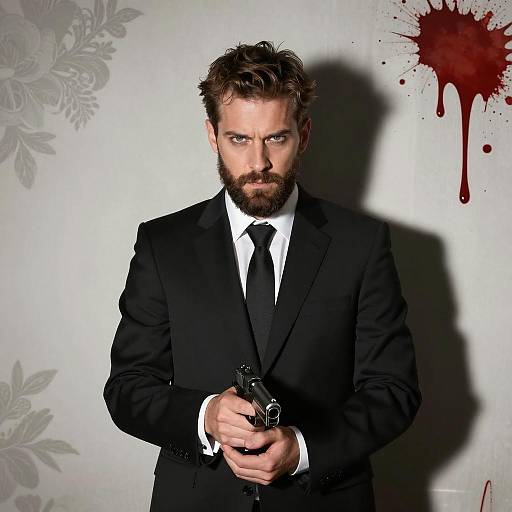 Man in Suit Holding Gun with Blood-Stained Wall