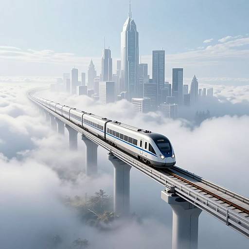 Digital artwork of a sleek, white maglev train soaring above a misty cityscape, crossing a elevated bridge with skyscrapers in the background.