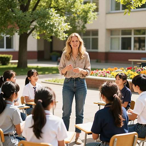 Energetic Teacher in Spring Courtyard