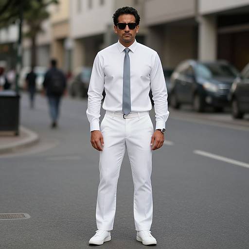 Photograph of a confident man in a white suit, black tie, and white shoes, standing on a city street, wearing dark sunglasses. Urban background