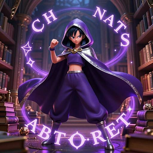 Digital anime-style image of a determined young girl in a purple hooded cloak, surrounded by glowing 