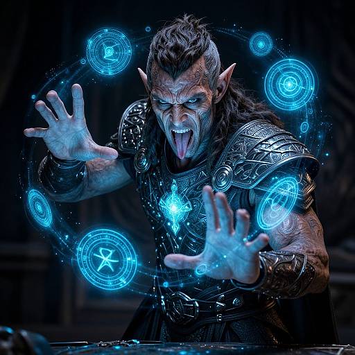 Photograph of a fierce, dark-haired orc wizard with glowing blue magical circles, sharp teeth, and raised hands, wearing intricate silver armor. Blue light