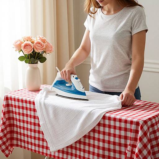 Photograph of a woman in a white shirt ironing a white lace cloth on a red checkered tablecloth, with a vase of pink roses in