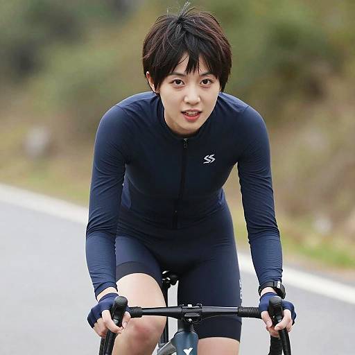 Photograph of an Asian man with short black hair, wearing a black long-sleeve cycling jersey and shorts, cycling on a road with a blurred