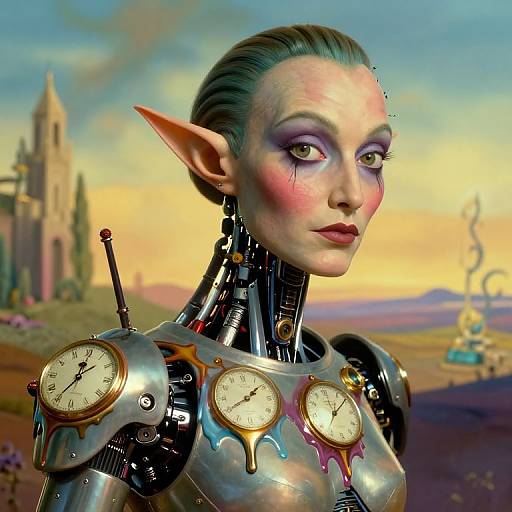Digital art of a robotic elf woman with clock shoulders, purple eyeshadow, pointed ears, and metallic skin, set against a fantastical landscape with