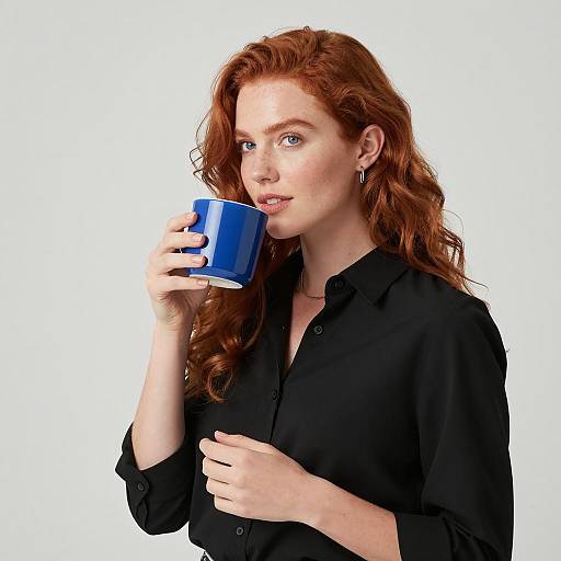 Elegant Redhead with a Blue Cup