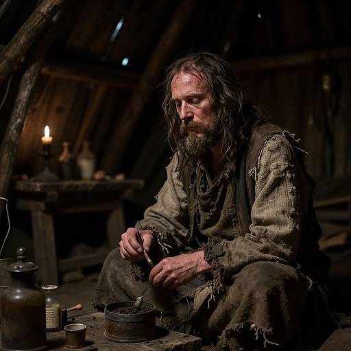 Photograph of a rugged, bearded man with long, wet hair, sitting in a dimly lit, wooden hut, sewing by candlelight.