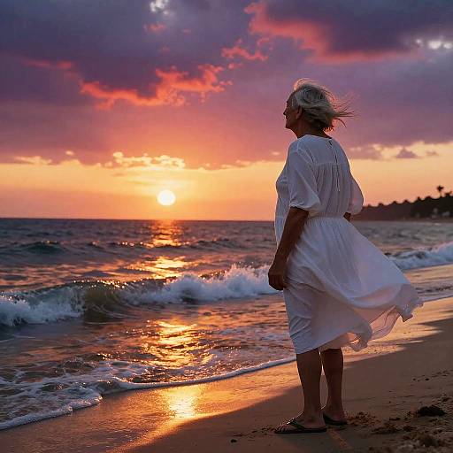Elderly Man Reflecting by Sunset Beach