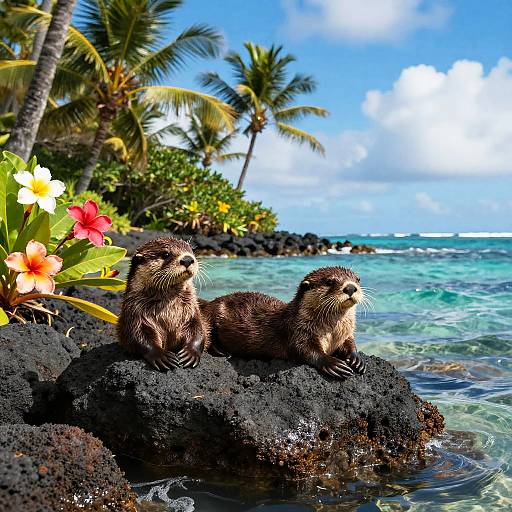 Photograph of two wet otters sitting on dark volcanic rocks near a tropical beach, with palm trees, colorful flowers, and clear blue ocean in the